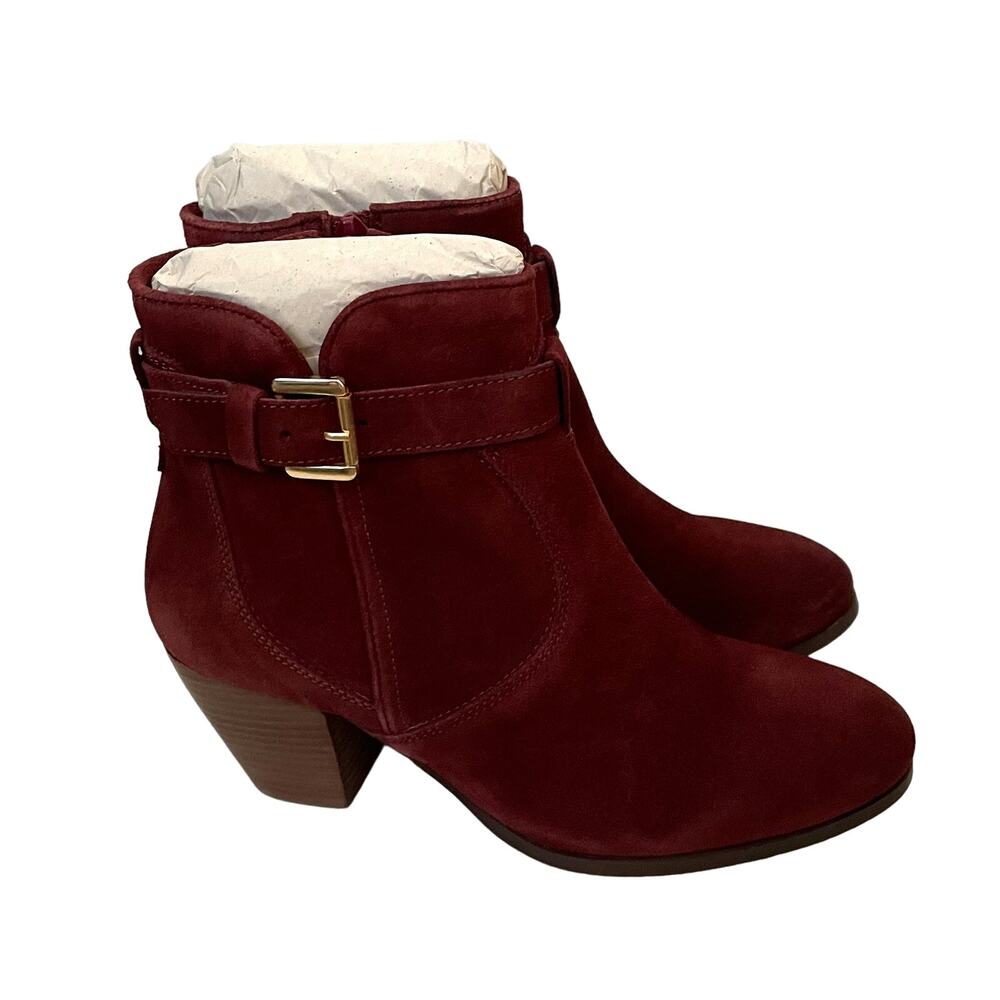 Diba Heeled Genuine Suede Buckle Boots Burgundy Red Size 7 NEW